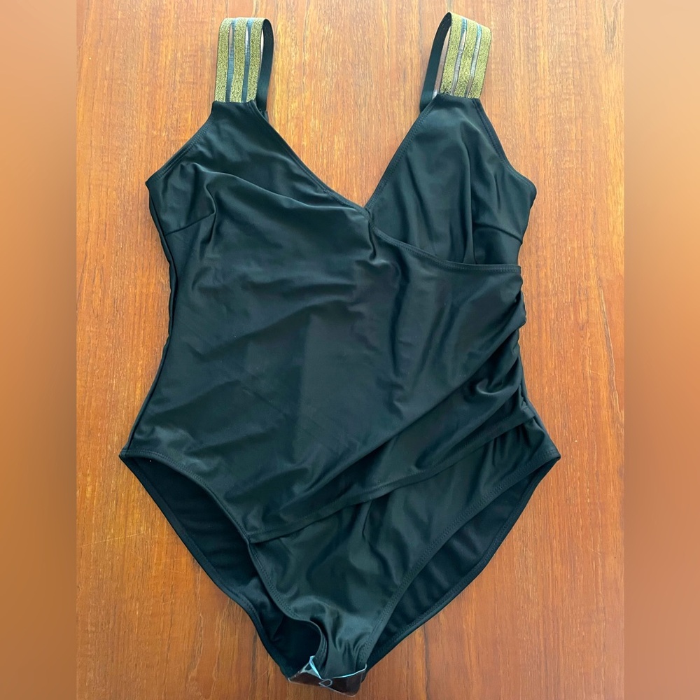 Glam one piece black swimsuit with gold band straps XL